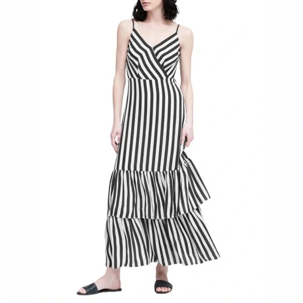 Banana Republic Black and White Striped Maxi Dress with Spaghetti Straps Size 4